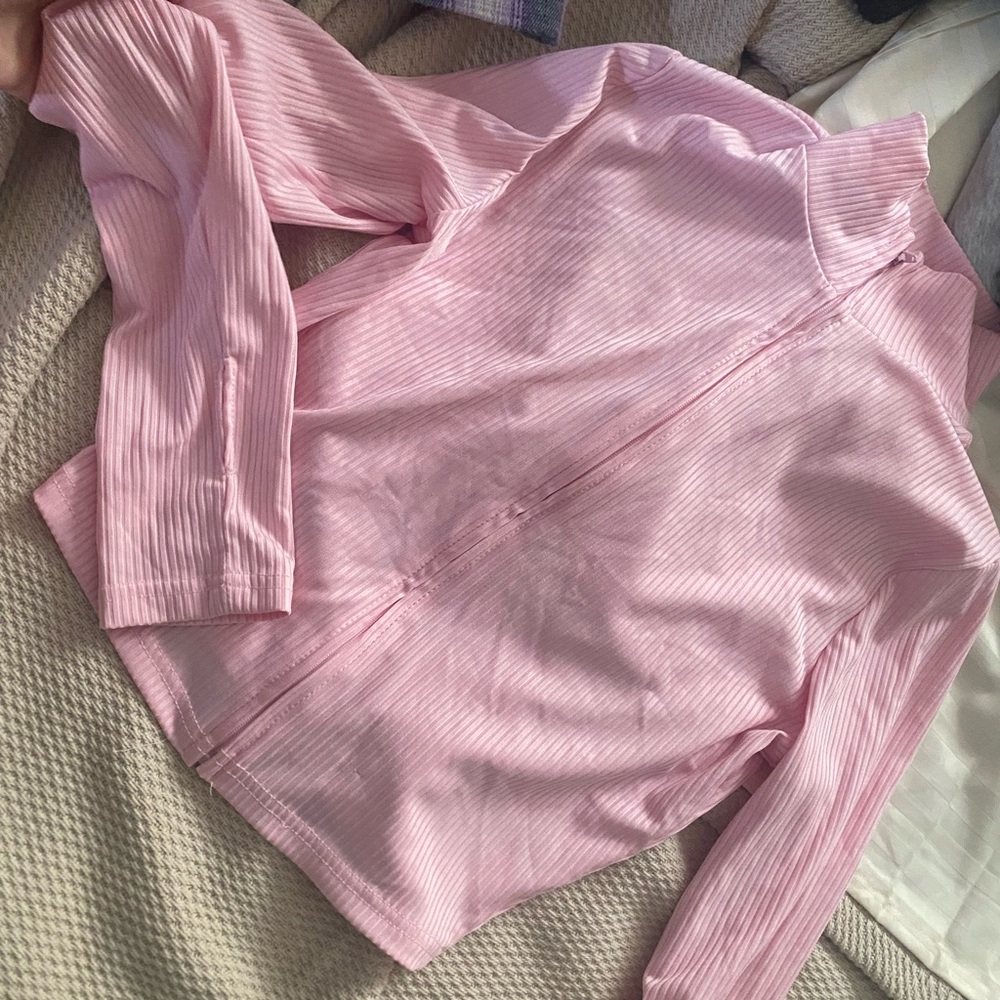 Pink Ribbed Zip-Up top and leggings set